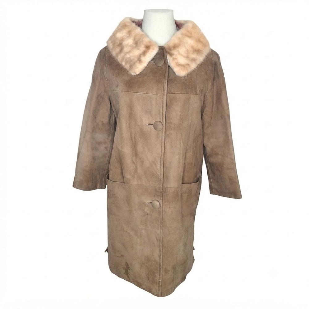 VTG 50s 60's Brown Suede Leather Mink Fur Collar Mid Length Coat Retro Boho Chic
